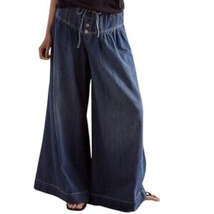 Chartou Baggy Wide Leg Jeans Elastic Mid Waist Dark Wash Size M New